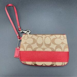 Coach Khaki Red Signature Canvas Wristlet Wallet Zip Top 6x4”